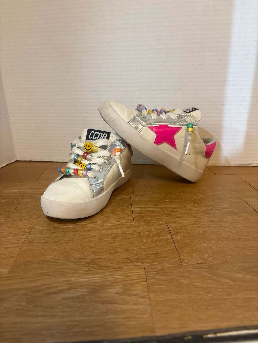 CCDB Kids White and Silver Star Sneakers with Smiley Face Beaded Laces